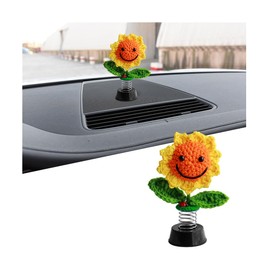 KHGUZ Sunflower Car Accessories Dashboard Decorations, Crochet Smiley Shaking Vehicle Sun Flowers, Handmade Knitted Cute Bobblehead Desk Ornaments, Universal Automotive Interior Accessories(Style A)