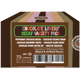 Crazy Cups Decaf Chocolate Coffee Pods, 72 Count Variety Pack, Dark Roast, Compatible with Keurig K Cup Machines, Vegan, Gluten Free, Kosher Certified