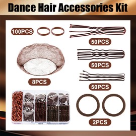 260 Pcs Ballet Bun Nets Kit with 150 Hair Pins 100 Elastic Rubber Bands 8 Invisible Hair Nets 2 Hair Ties Invisible Hair Nets for Buns Ballet Hair Accessories for Women Children Dancer (Brown)