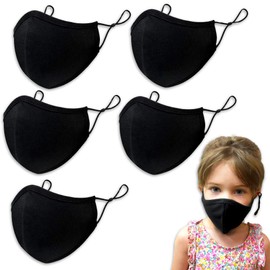Purian Black Kids Face Masks, Washable Reusable Adjustable, Fits Kids to Teens (5 Masks)
