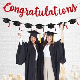 FHGG Pre Strung Congratulations Banner Graduation Decorations Class of 2025 Red Glitter Congrats Grad with Tassel Party Decor College High School Favors Black NO DIY
