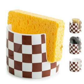 Checkered Sponge Holder for Kitchen Sink, Ceramic Dish Sponge Drying Caddy Scrubby Holder Kitchen Organizer Cute Dish Rack for Sink Counter, Brown and White