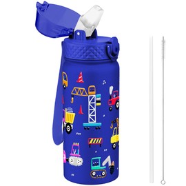 GOPPUS 550ml/18oz Kids Insulated Water Bottle with Straw Cute Double Wall Stainless Steel Child's Small Flask Vacuum Insulated Steel Metal Leak Proof Drink Flask Boys Toddler Girls Flask BPA-Free
