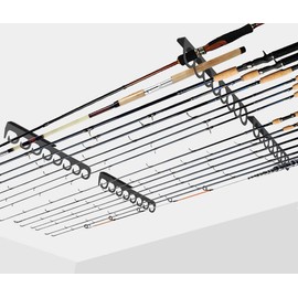 Ahomiwow Ceiling Fishing Rod Holder Pole Vertically Horizontally Rack Overhead Storage Hooks Hanger Keeper Metal Organizer Display Wall Mounted Stores Holds up to 16 Rods Racks for Garage Basement