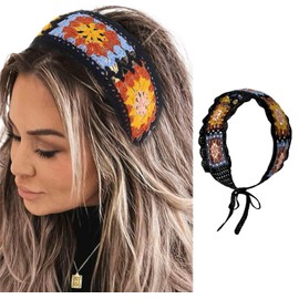 Crochet Hair Bandanas Headbands Women Floral Hippie Hair Scarfs Tie Back Knitted Kerchief Headband Knit Head Wraps Summer Boho Accessories for Women Girls (White,Black) Two color options. (Black, One size)