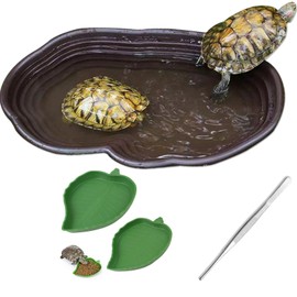 Reptile Bathing Pool with Steps - Ideal for Turtle, Salamander, Bearded Dragon, Lizard, Pixie Frog - Includes 2 Leaf-Shaped Feeding Dishes & Tweezers