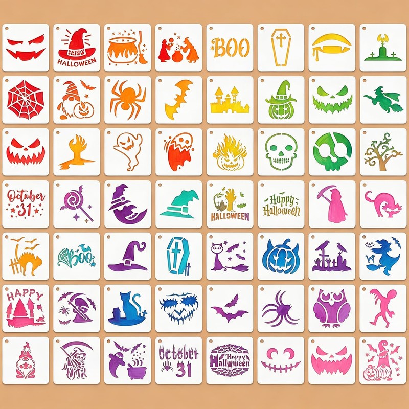 56Pcs Halloween Stencils for Painting, Spooky Stencils 3×3 Inch