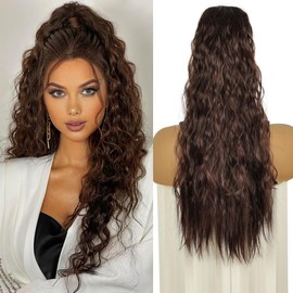 PHOCAS Ponytail Extension,24 Inch Drawstring Ponytail Hair Extensions for Women,Long Curly Hair Extension Multi Layered Synthetic Hairpiece for Party Daily Use（Dark Brown)