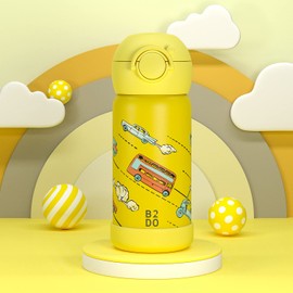 B2DO Doppelwandige Edelstahl 316 Thermoflasche für Kinder Gelb, Auto 350ml| Auslaufsichere isolierte Kinder Trinkflasche für die Schule | BPA-freie Trinkflasche mit Trinkhalm für Kinder