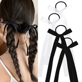 Bow Hair Ties for Women Girls Black Hair Bows Bowknot for Women Long Hair White Tassel Ribbons for Teen Girl Fashion Long Tail Ribbon Hair Ties French Bowknot Hair Accessories for Women Girls 4 PCS