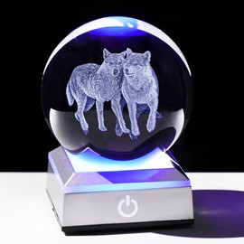 Ornalrist Wolf Gifts for Women, Men Engraved 3D Wolf Crystal Ball 3.15'' with LED Light Base, Wolf Figurine for Wolf Lover, Wolf Night Light for Home Decor