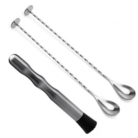 Set of 3 Bar Spoons with Cocktail Muddler, Cocktail Spoon, Muddler, Cocktail Mixing Spoon, Long Spoon, 304 Stainless Steel Bar Spoon, Stirrer Spoon, Tasting Spoon, Masher for Mixing Martinis, Coffee