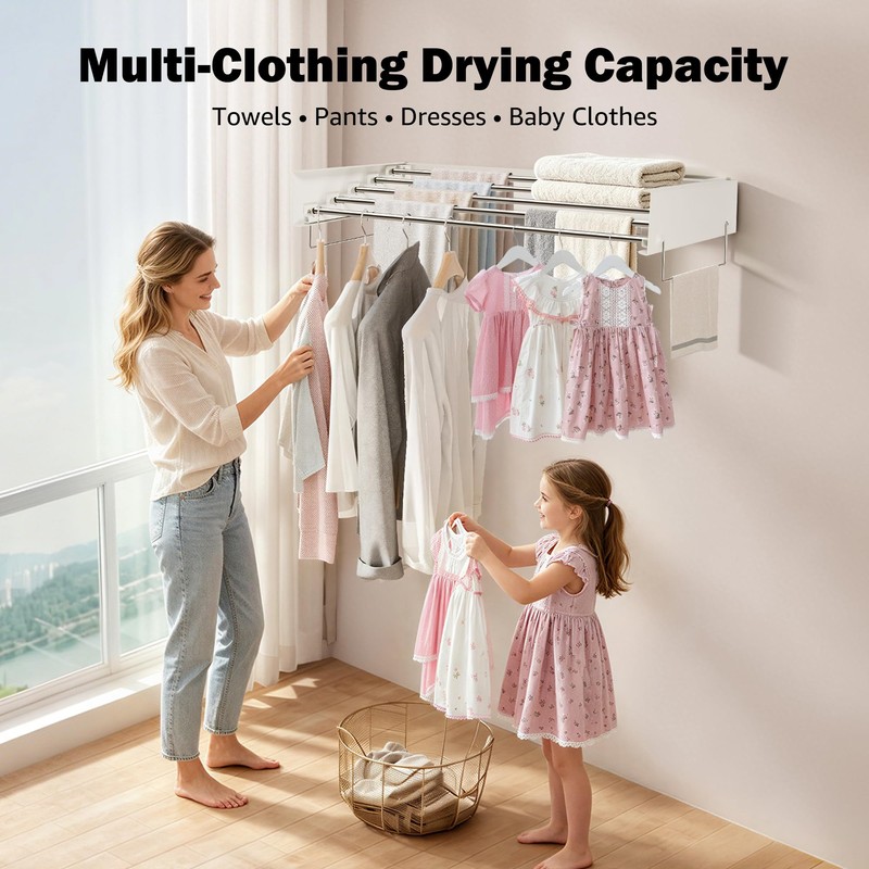 CAEXABO Wall Mount Drying Rack 32", 65LBS Retractable Clothes Rack,