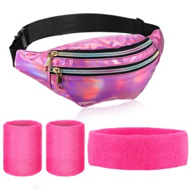 Pack of 4 80s 90s Costume Accessories with Pockets Set Including Belt Bag PU Leather Bum Bag, Sweatband Headband and Sweatband Bracelets for Retro Party Carnival (Purple and Red), Purple and red,