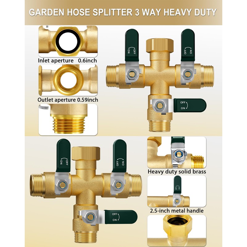 EBH Garden Hose Splitter 3 Way, Heavy Duty Solid Brass