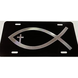 DEEP Engraved Christian Fish Cross Diamond Etched Car Tag Vanity License Plate