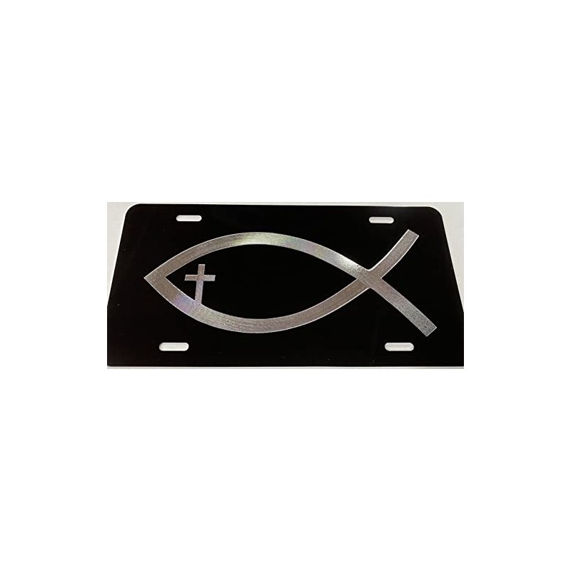 DEEP Engraved Christian Fish Cross Diamond Etched Car Tag Vanity