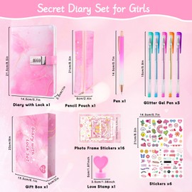 Diary with Lock Girls Gifts 7 8 9 10 11 12 13 Years, Diary with Code, Christmas Gift Girls Teenagers Age 6-14, Notebook Girls Diary with Code Pencil Case Pen Sticker