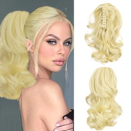 Cybelleza Ponytail Extensions, Braid Ponytail Hairpiece, Short Wave, Curly Claw Clip-In Hair Extensions, Ponytail Synthetic Hair, Wavy Synthetic Hair Extension, Braid Extension, 14 Inches, Bleach