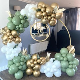 Leesoot All In One 138pcs Avocado Green and White and Gold Balloons Arch Garland Kit, 5 10 12 18inch Different Size Latex Balloons for Wedding Birthday Party Decoration With Tools