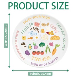 Viynran 10 Inch Portion Control Plate for Adults - Cute Melamine Dinner Plate with Colorful Food Illustrations for Balanced Meals and Mindful Eating (2 Pack)