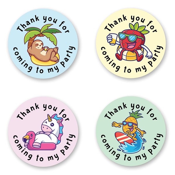 40mm Pool Beach Party "Thank You for Coming to My Party" Round Stickers for Party Bags & Sweet Cones - Sloth, Unicorn, Strawberry & Pineapple (24 x Stickers)