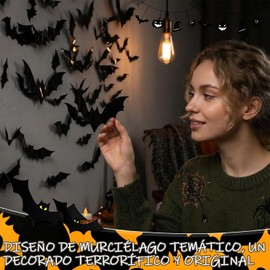45pc Murciélagos decoración de halloween,murcielago de decoracion,murcielagode halloween,4 Tamaño,3D,Luminoso,PVC Impermeable,Murciélagos Pegatina Kit para Pared, Puerta,Ventanas,Fiesta y Hogar