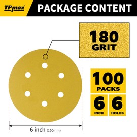 100PCS 150mm 180 Grit 6 inch 6 Hole Sanding Discs Sandpaper - Premium Gold Round Hook and Loop for Random Orbital Sander - Ideal for Wood, Metal, Automotive