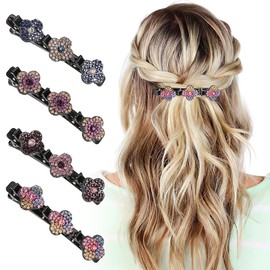 Women's Hair Clips, 4 Pieces Glitter Crystal Stone Braided Hair Clips, Rhinestone Hair Clip, Elegant Hair Clips for Women Girls, Hair Clip with Crystal Flower, for Women, Girls