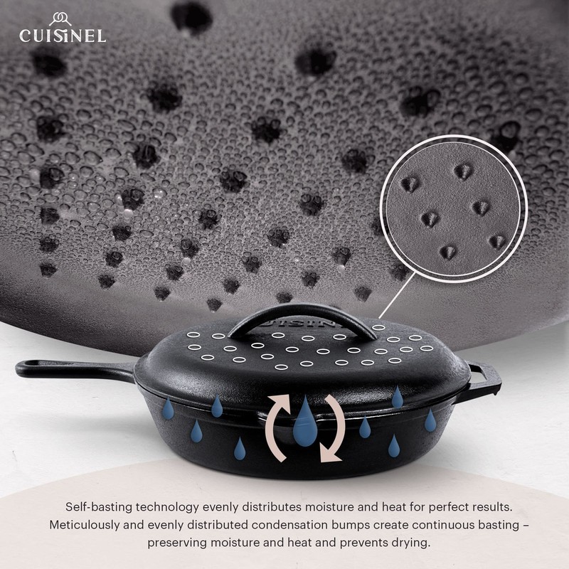 Cuisinel Cast Iron Skillet with Lid - 12"-inch Pre-Seasoned Covered