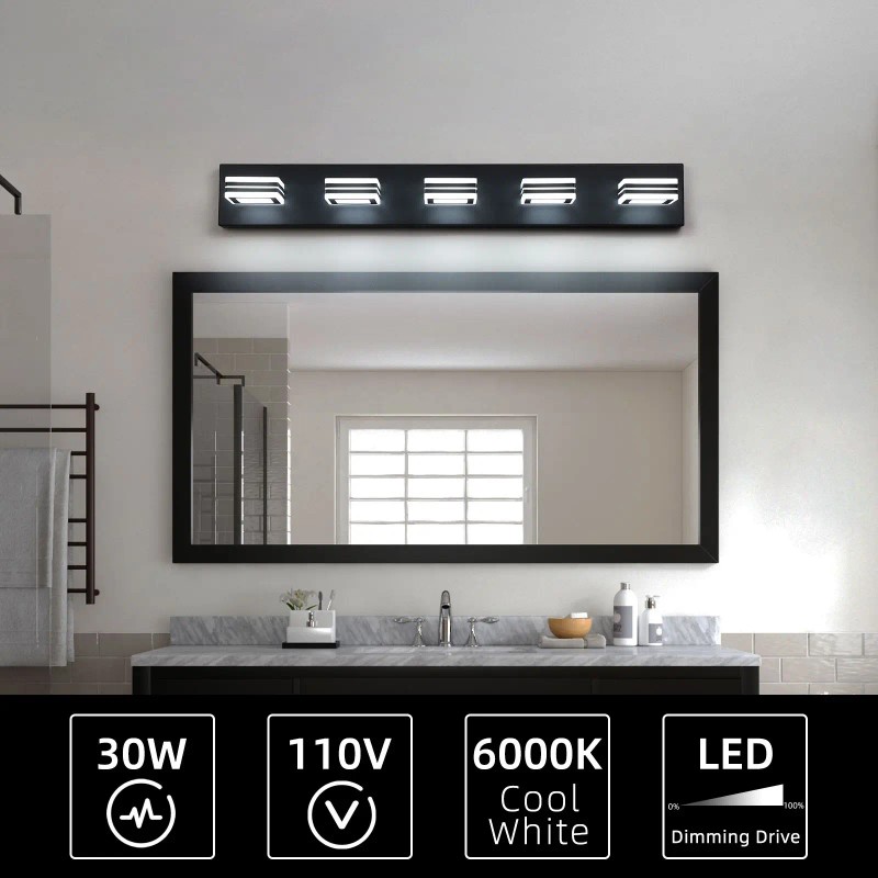 Modern 32\" Black 5-Light LED Vanity Light Square Acrylic Lampshades