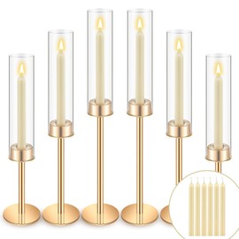 Yungyan 6 Sets 12 Pcs Clear Glass Hurricane Candlestick Holder Tall Taper Glass Candle Holder with Candles Vintage Cylinder Chimney Candle Holder Set for Home Wedding Christmas Table Decor(Gold)
