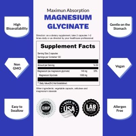Magnesium Glycinate 500mg 240 Capsules for Calm, Stress, Sleep, Leg Cramp, Heart