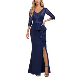 MISSMAY Women's Elegant Sequin V-Neck Evening Party Mermaid Long Dress (Large, Navy Blue)