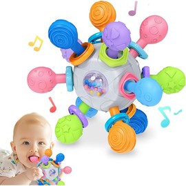 Baby Montessori Teething Toys 0-6 6-12 Month, Food Grade Baby Rattle Chew Sensory Teething Toys, Newborn Infant Learning Developmental Birthday Gifts for Boys Girls - White
