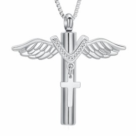 XSMZB Wings Cylinder Cremation Jewelry for Ashes Pendant Cross Urn Necklace for Ashes for Men Women Keepsake Locket Jewelry(Silver)