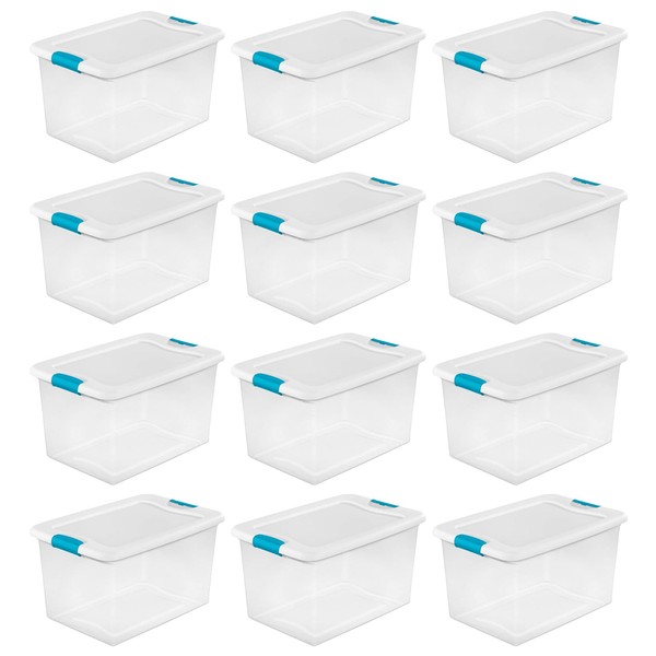 Sterilite 64 Qt Latching Storage Box, Stackable Bin with Latch Lid, Plastic Container to Organize Clothes in Closet, Clear with White Lid, 12-Pack