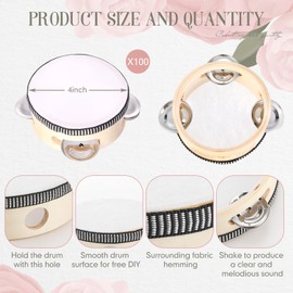 100 Pcs 4 Inch Wedding Tambourine Bulk Drum for Adults Hand Held Percussion Gift Wood Metal Jingles Musical Educational Drum Instrument for Church Wedding Party Favor