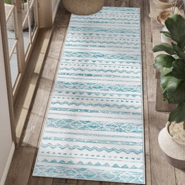jinchan Runner Rug 2x6 Moroccan Hallway Kitchen Runner Ultra-Thin Washable Boho Geometric Rug Non-Slip Carpet for Bathroom Bedroom Laundry Room Blue