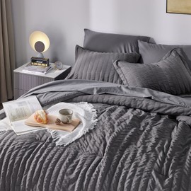 CozyLux King Seersucker Comforter Set with Sheets Dark Grey Bed in a Bag 7-Pieces All Season Bedding Sets with Comforter, Pillow Sham, Flat Sheet, Fitted Sheet, Pillowcase