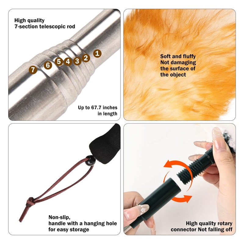 FeelfunFeather Lambswool Extendable Duster,67.7Inch Telescoping Feather Dusters with Stainless Steel