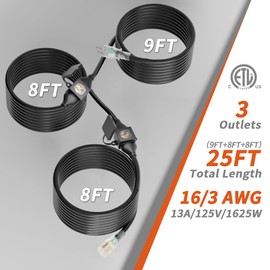 PlugSaf 25 FT Outdoor Extension Cord with Multiple Outlets, 16/3 Gauge Heavy Duty Christmas Light Extension Cord Evenly Spaced 3 Outlets Black with Lighted, 16AWG 13AMP 1625W 125V SJTW, ETL Listed
