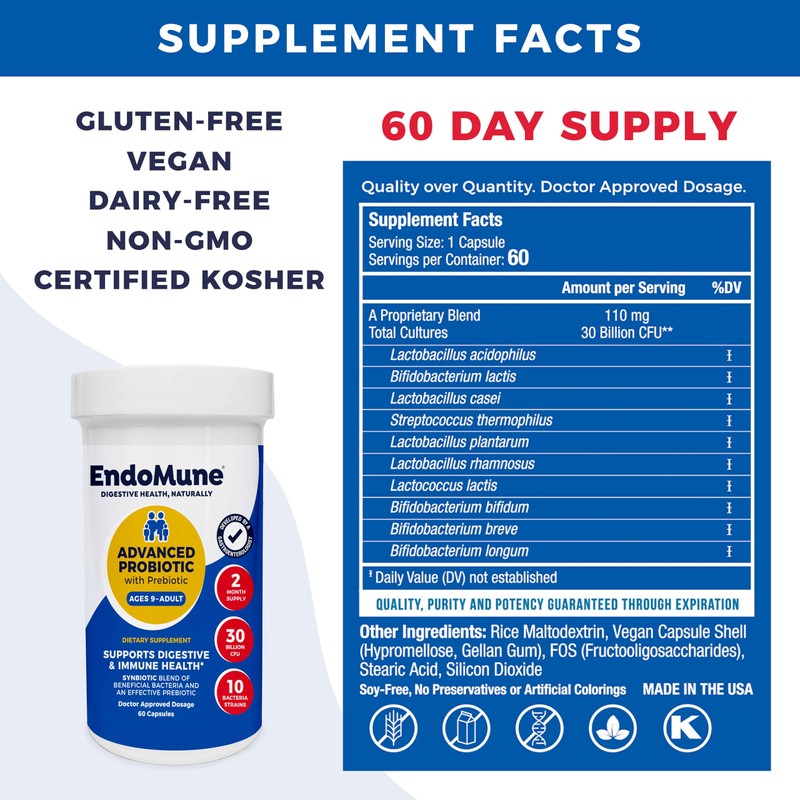 Endomune Advanced Adult Multi-Strain Probiotic Supplement with Prebiotic | 10