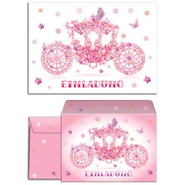 Set of 12 Invitation Cards, Envelopes, Bags, Stickers Children's Birthday "Princess Party" for Girls / Carriage (12 Cards + 12 Envelopes + 12 Party Bags (Cross Bottom Bag) + 12 Stickers)