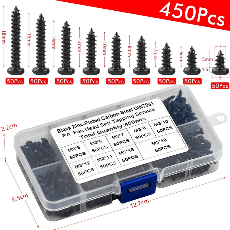 450 Pieces Self-Tapping Screws Set M3 Countersunk Flat Head Screw