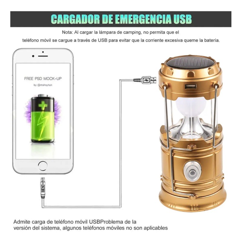 Lámpara Recargable Solar Linterna Camping Led - para Acampar