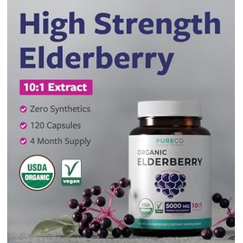 Organic Elderberry Capsules - 10:1 Extract Equals 5,000mg of Fresh Elderberries (Vegan) for Immune Support, Allergy, Sinus Relief - Sambucus Nigra - B