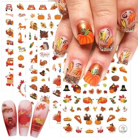 6 Sheets Fall Nail Stickers for Nail Art 3D Cute Turkey Pumpkin Nail Art Stickers Autumn Maple Leaf Sunflower Design Thanksgiving Nail Decals Nail Art Supplies for Women Acrylic Manicure Decoration
