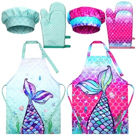 Hercicy 8 Pcs Kids Apron and Chef Hat Set for Cooking Painting Girls Toddler 5-12 Years Child Aprons Hat Oven Mittens(Mermaid Scales)