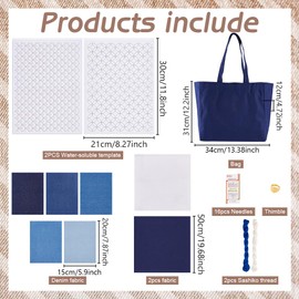 FREEBLOSS Sashiko Set Water Soluble Sashiko Stencil Repair Kit with Stabilisers for Sashiko Embroidery Pattern and Sashiko Thimble Sashiko Yarn and Needles for Hand Quilting and Embroidery